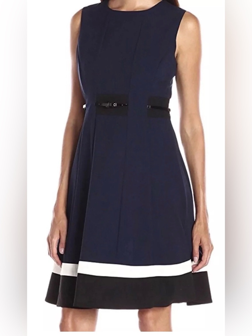 Calvin Klein Women's Fit & Flare Color Dress Size Navy Black White 12 *NO BELT*